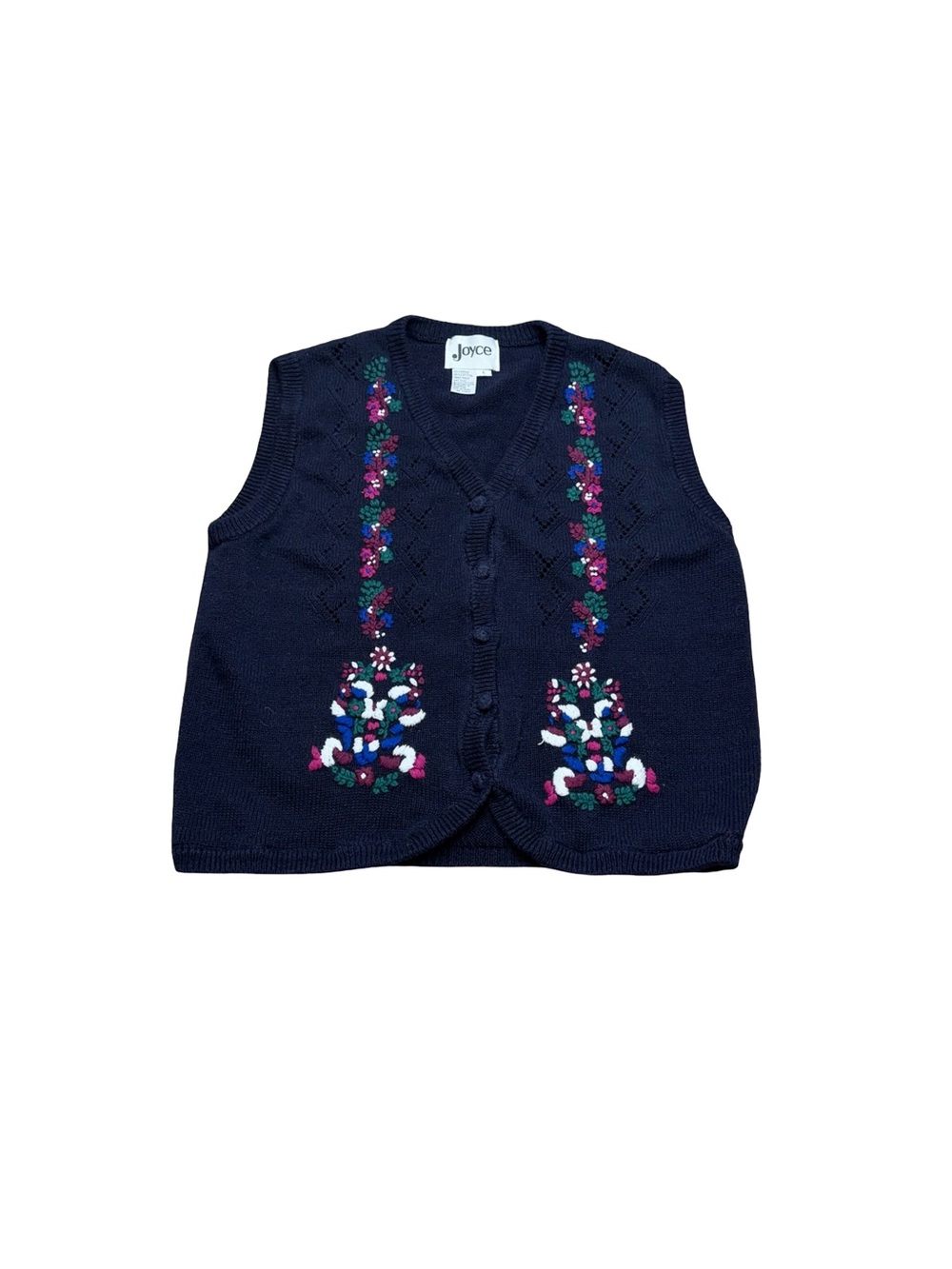 Vintage cottage core Joyce Navy Embroidered Floral Knit Vest